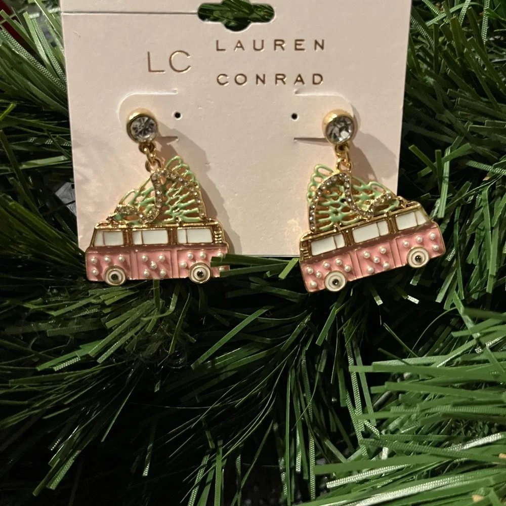 Pink Christmas tree on pink truck holiday Earrings - Picture 2 of 2